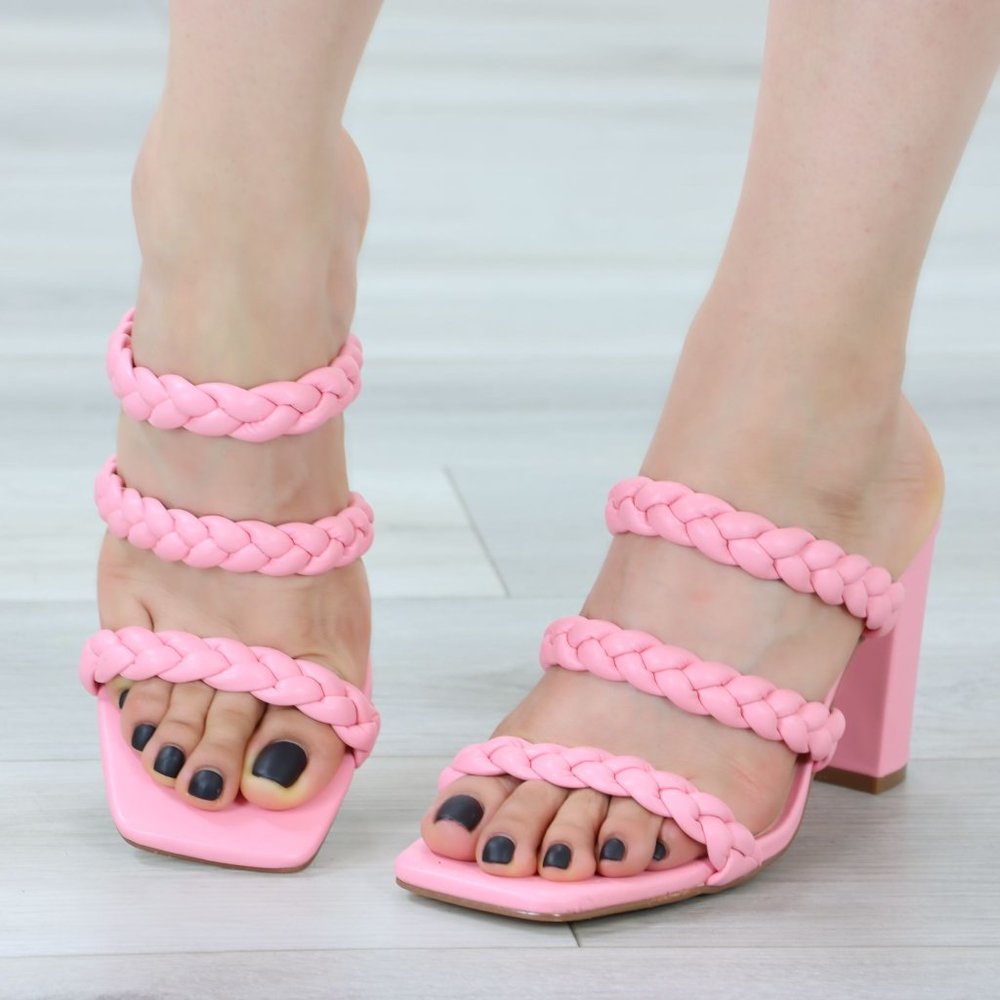 Pink Braded Straps Block High Heels Slip On Square Open Toe Heeled Summer Sandal - Picture 5 of 13